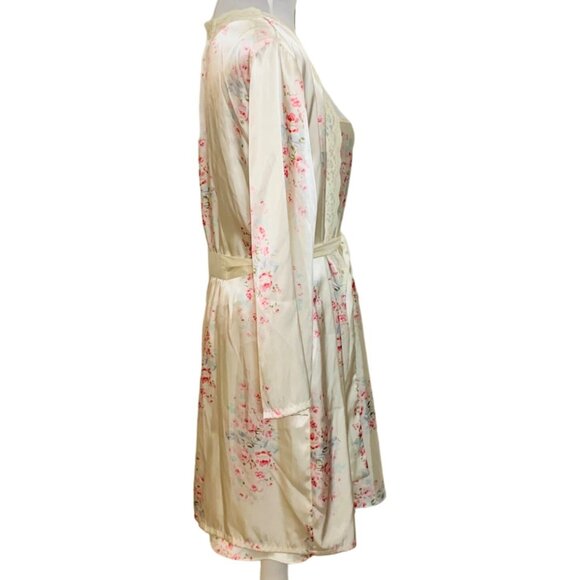 Pink K Floral Sleepwear Size L Satin Robe Nightgown Set Lace Trim Belted VTG Y2K - Picture 2 of 16